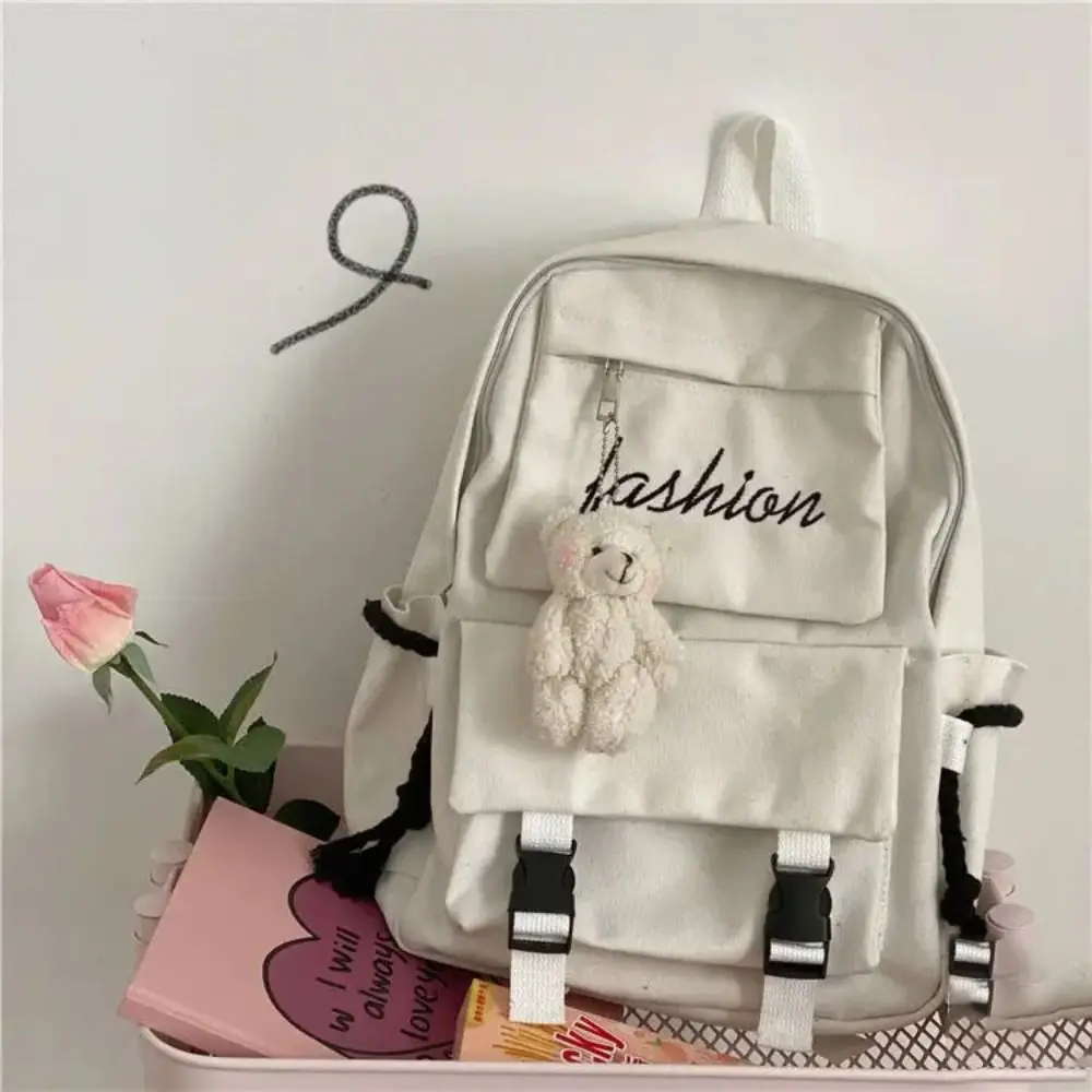 Women's Korean Version Canvas Schoolbag Men's Casual Solid Color Backpack Travel School Shoulder Bag 2