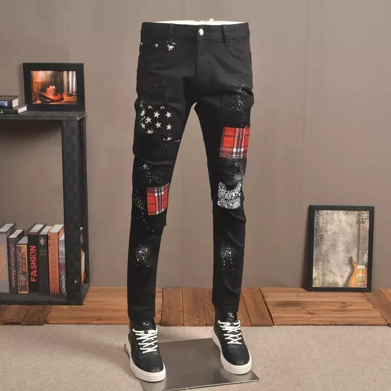 Fashion Streetwear Men Jeans Black Color Stretch Slim Fit Painted Ripped Jeans Men Patch Designer Elastic Hip Hop Pants Hombre