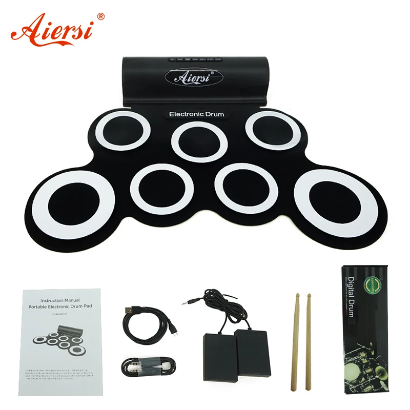 Aiersi-Electronic Drum Digital USB MIDI Roll Up Set, Silicone Electric Drum Pad Kit with Drumsticks, Sustain Pedal, 7 Pads