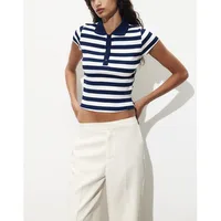 Summer New Women's  irt ort Sve Turn-down Collar Striped Ribbed Knit Button Decoration Slim Fit Classic Sle Casu... - Image 3