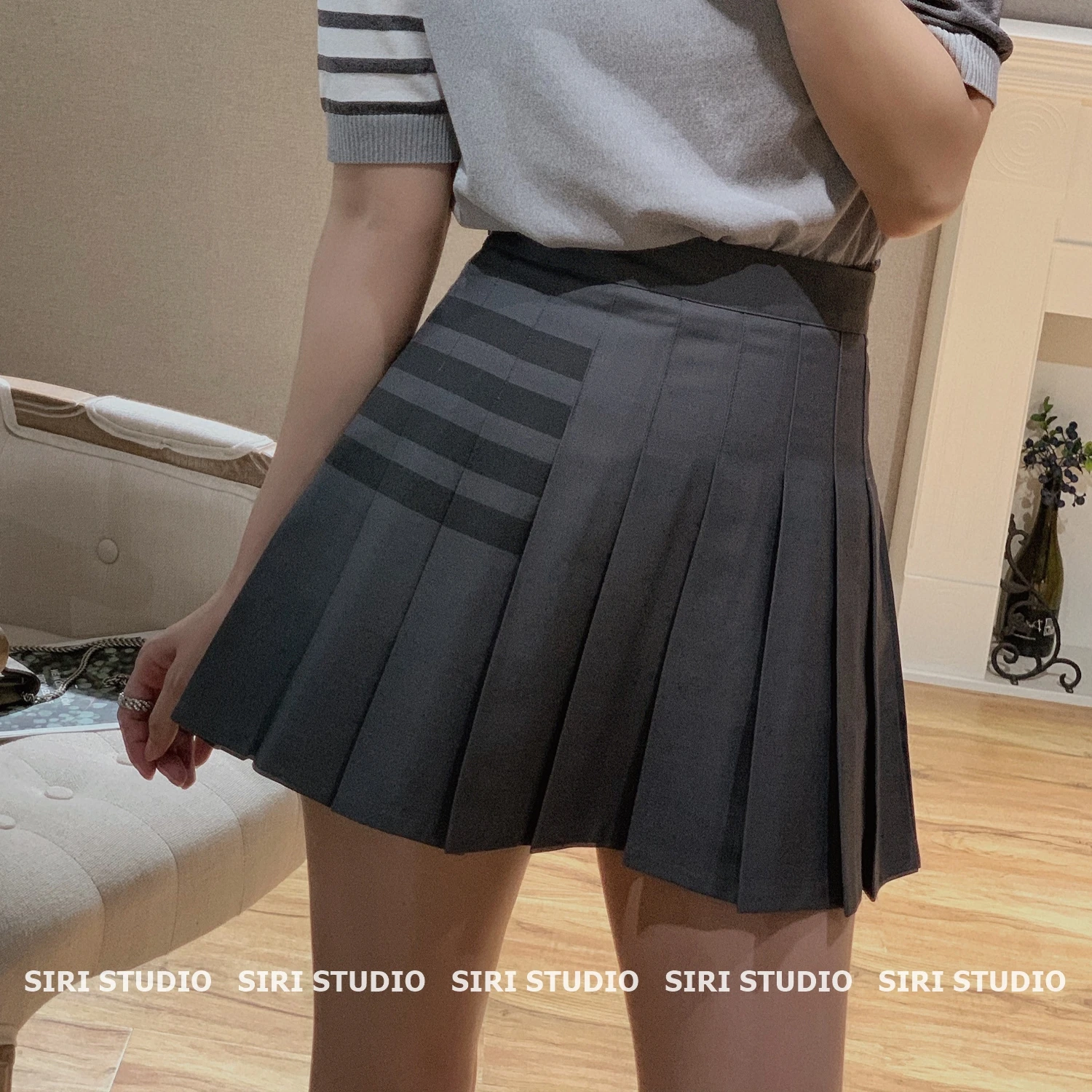 tb gray suit skirt high waist and thin A-line pleated skirt college style retro four-bar striped short skirt skirt women