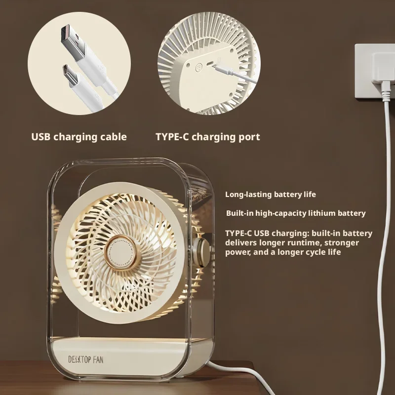 Mini ventilateur de bureau portable multifonctionnel avec veilleuse LED, 5 vitesses, orientable à 360° et rechargeable par USB._voghion.com