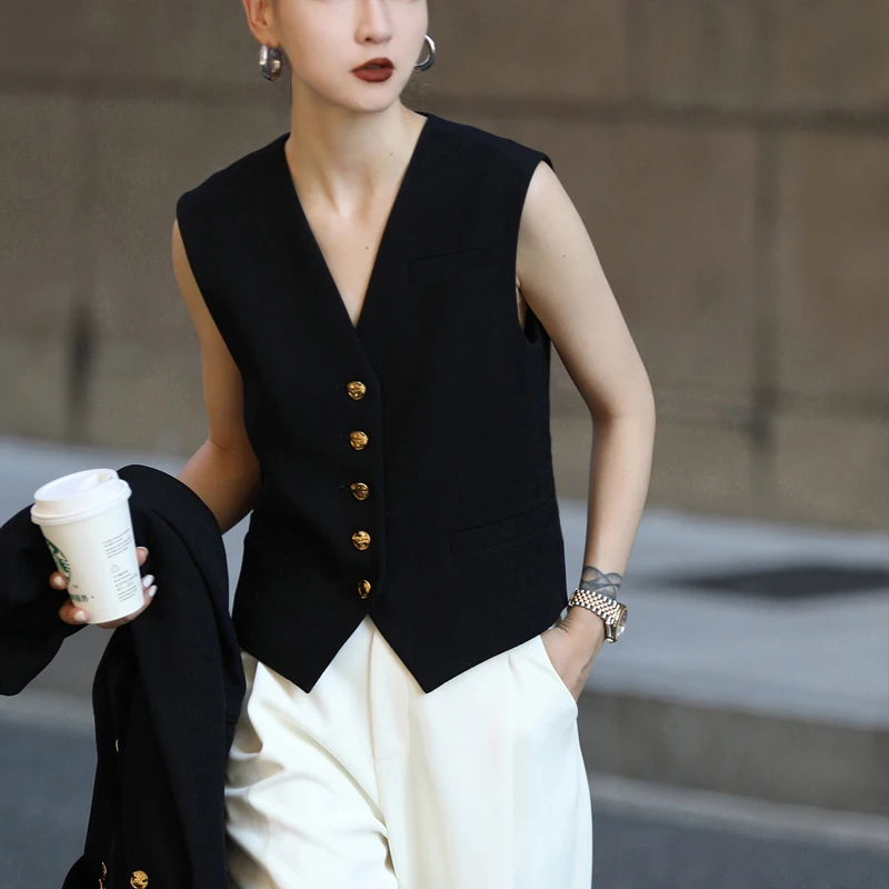 Black V-neck Suit Vest for Women Vintage Outer Gold Button Simple Elegant Tight Waist Cardigan Sleeveless Top Jackets Traf Store us euro sexy tight fitting womens bodysuit black corset top low necked gymnastics fitness sleeveless one piece milkmaid jumpsuit