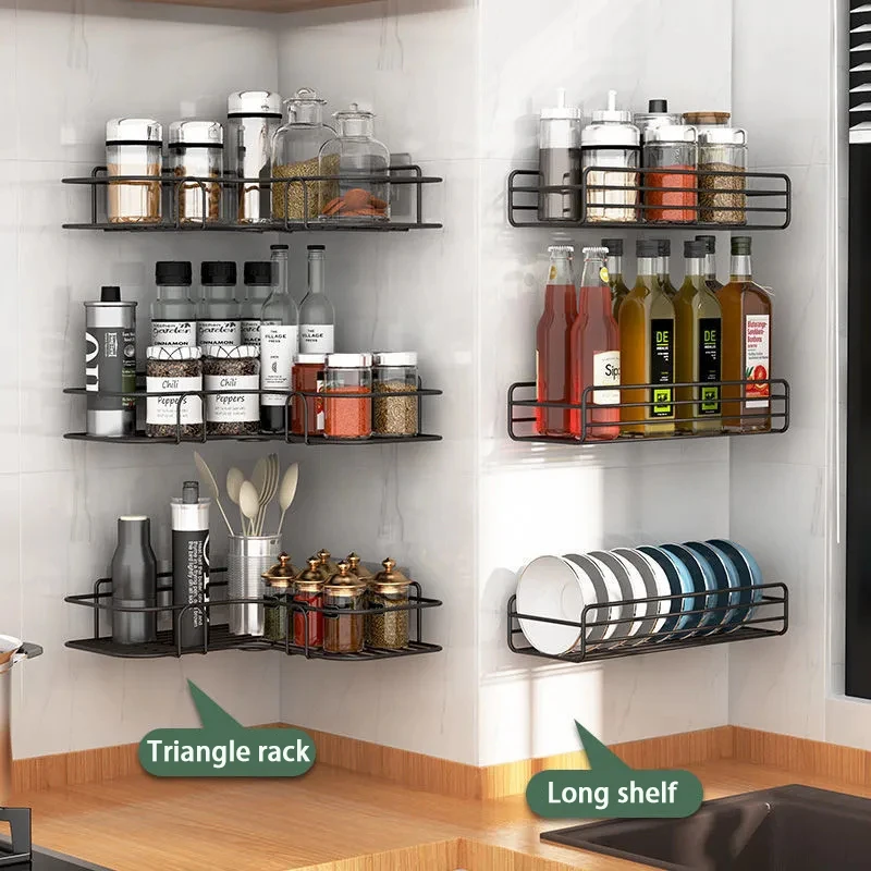 Kitchen Shelf Drill-Free Metal Shelf Wall Mounted Spice Organizer Kitchen Multifunctional Corner Shelf Kitchen Accessories 3
