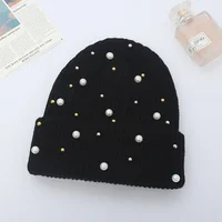 Solid Color Curled Edge Brimless Cap Pearl Decoration Shining Knitted Hat Fashuonable and Ersatile Outdoor Cold Proof Warm Hat 2