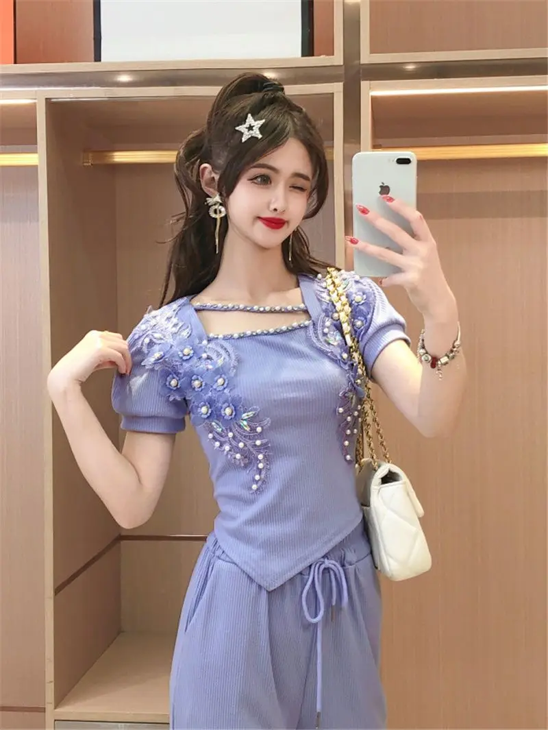 2024 Summer New Women's Fashion Style Water Diamond Nail Bead Sequins 3D Flower Top Wide Leg Pants Long Pants Two Piece Set