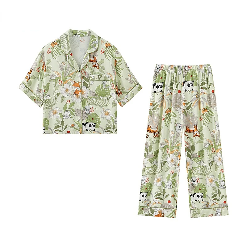 

2022 Summer Rayon Satin Pajamas for Women Jungle Party Printed Short Sleeve Trousers Home Service Suit Viscose Two Piece Set