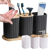 Bathroom Set Soap Dispenser Toothbrush Cup and Bamboo Tray Set Countertop Toiletries Storage Set for Farmhouse Bathroom Decor 1