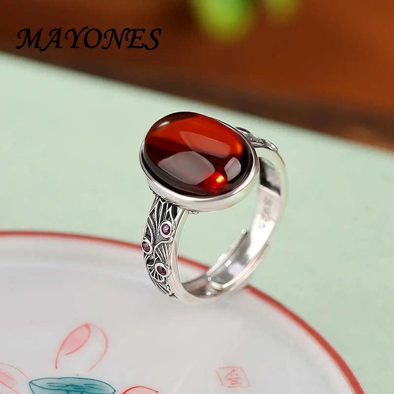 

MAYONES S925 Sterling Silver Blood Pearl Egg Face Ring Vintage Old Style Versatile Style Women's Personalized Ring