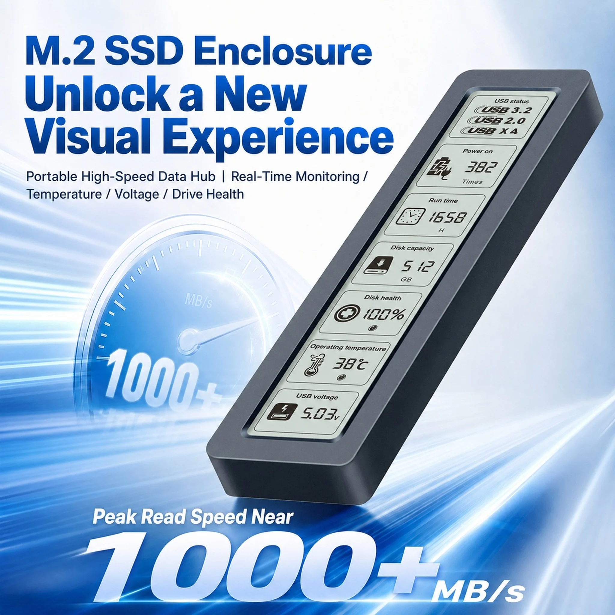 M.2 NVMe SATA SSD Enclosure Visual Smart SSD Case USB 3.2 Gen 2 10Gbps NVMe PCI-E 20Gpbs