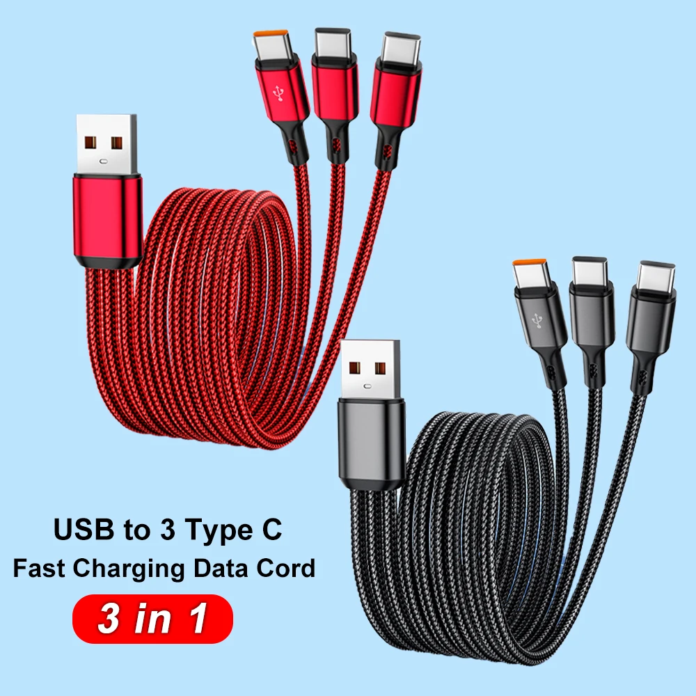 100W 3 in 1 고속 충전 데이터 케이블 USB to 3 타입 C 퀵차지 3.0 데이터 코드 휴대용 여행용 사무실용 USB C 나일론 편조 케이블
