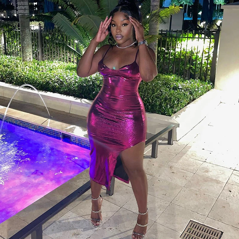 

Sexy Shiny Metallic Birthday Dress for Women Elegant Night Party Bodycon Dress Side Slit Backless Knee-length Midi Dress Vestido