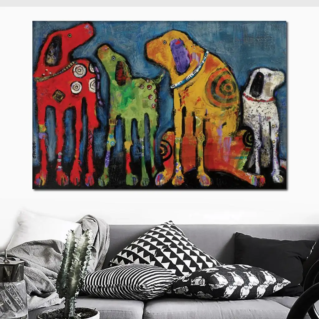 Canvas Wall Art Abstract Dogs Painting Handmade Oil Artwork Living Room