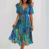 New Summer Comfortable Short Sleeved Loose Casual Women's Dress Shuya V-neck Floral New Fashionable Multi-color Printed Dress