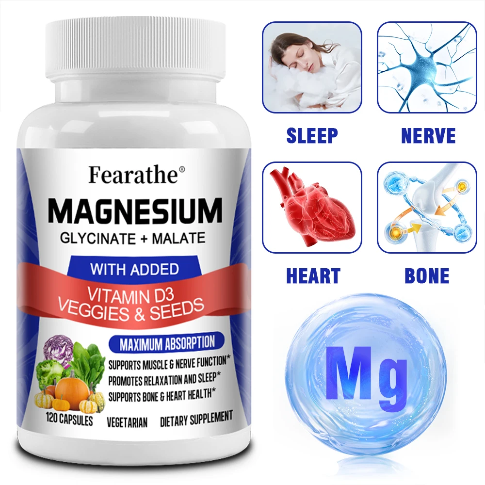 

Magnesium Glycinate Supplement with Magnesium Malate, Vitamin D3 for High Absorption Support, Unisex Non-GMO Vegetarian Capsules