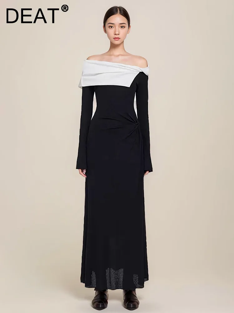 

Женское трикотажное платье без бретелек DEAT, трикотажное платье контрастных цветов с длинным рукавом, средней длины, 13DB4254, осень 2024