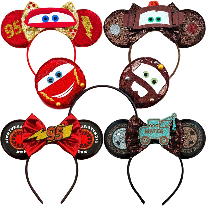 

Disney Anime Cars Ears Headbands Women Pixar 95 Lightning McQueen Hairband For Women Carnival Sequins Bow Mater Hair Accessories