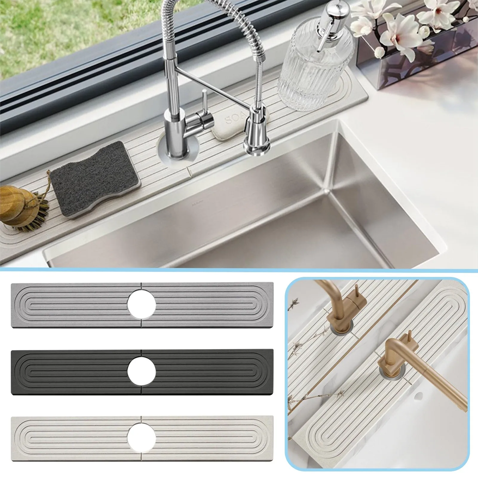 Tapis De Robinet En Terre De Diatomée - 2 Pièces 40x10cm, Absorption Rapide, Antidérapant, Pour Cuisine Ou Salle De Bain