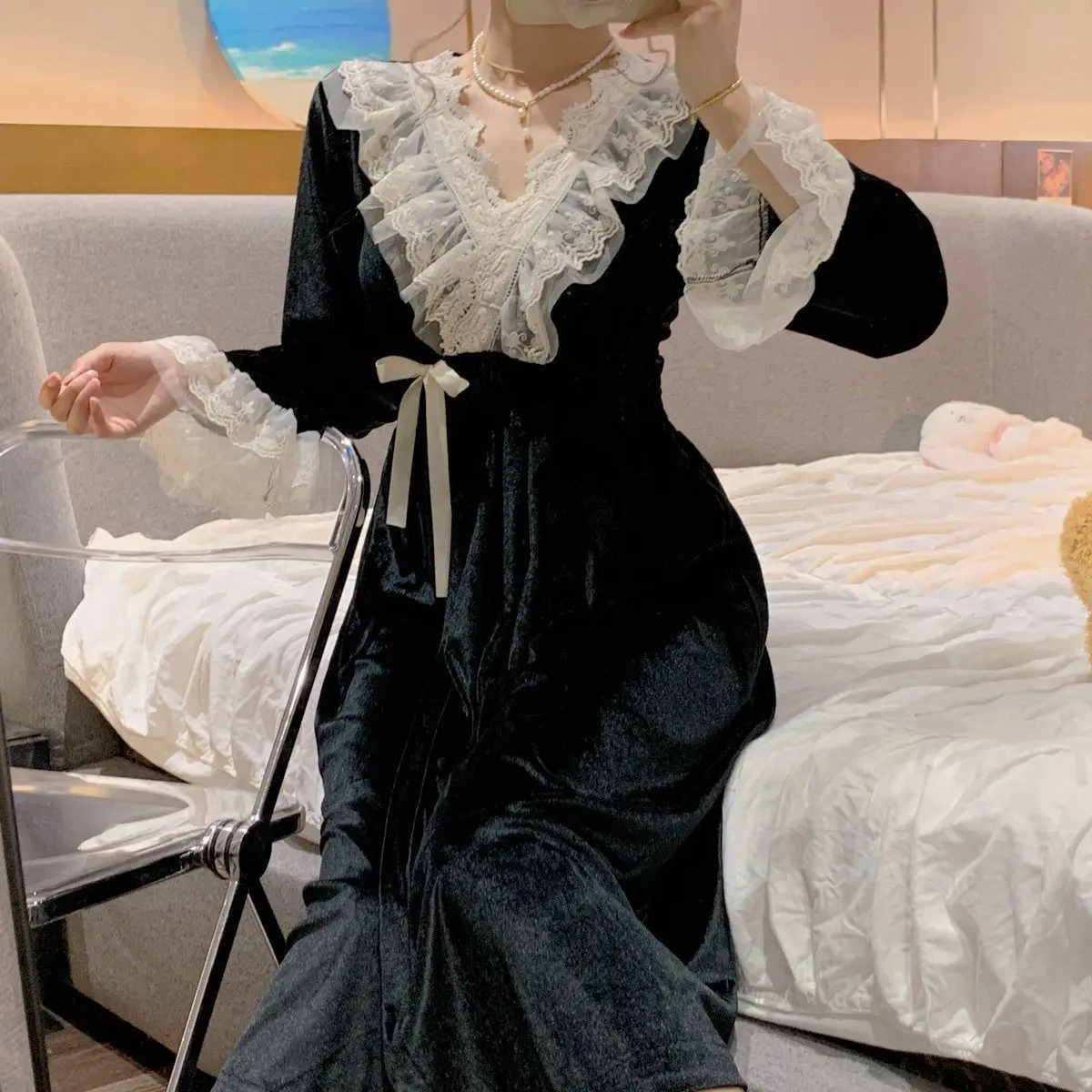 الخريف الشتاء طويلة الأكمام منامة للنساء الكورية نمط لطيف الأميرة نمط الخامس الرقبة الدانتيل منتصف طول ثوب النوم بيجامة فتاة سيدة