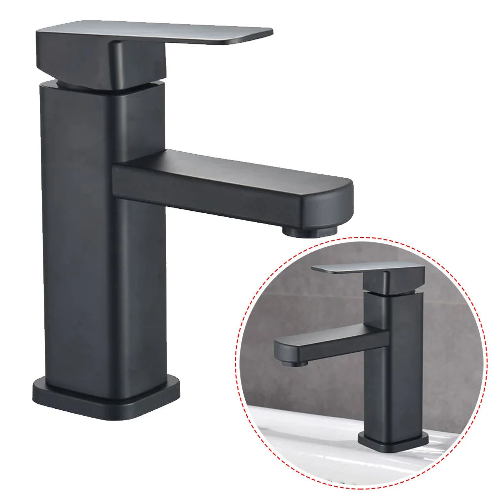 

1pc Basin Faucet Anti-fingerprint Black Stainless Steel Single Cold Sink Faucet Bathroom Counter Waterfall Basin Faucet Sink Tap