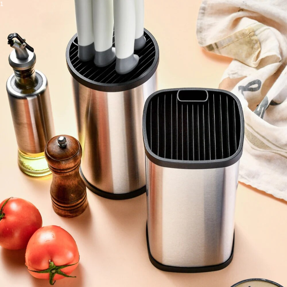 Stainless Steel Kitchen Organizer Knife Organizer Multifunctional Storage Rack Knife Holder Simple Style Square Round Bucket