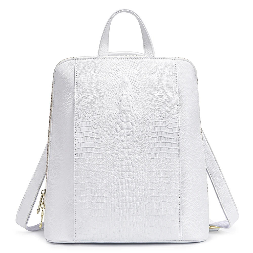 Zency 100% Genuine Leather Pure White Knapsack Ladies Crocodile Pattern Women Backpack Fit A4 Magazine Laptop