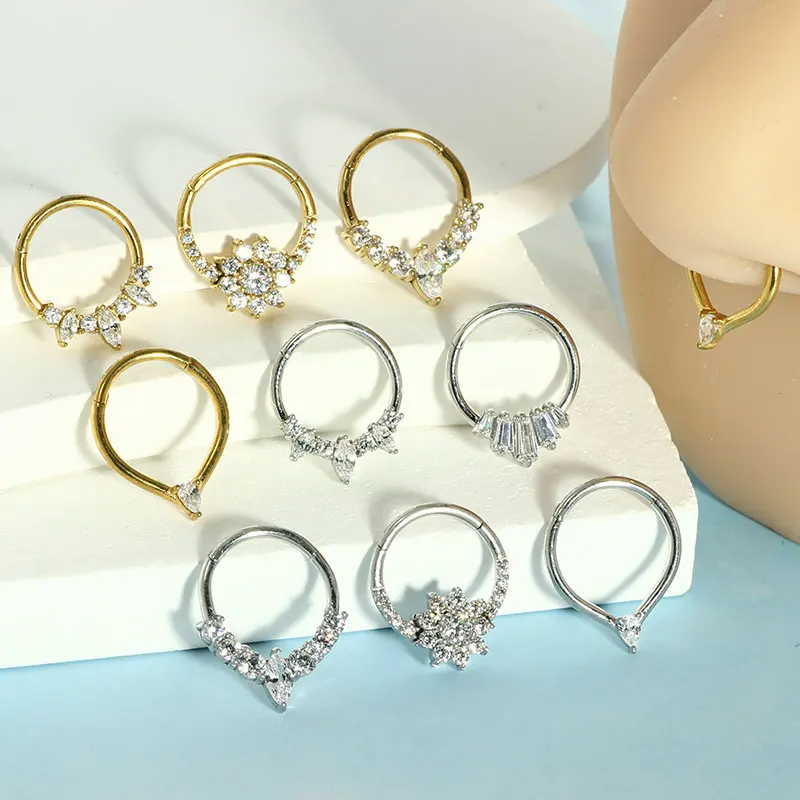 1pcs/lot 316L  Stainless Steel Conch Helix Daith Piercing Jewelry Zircon Nose Ring Snap Cartilager Earring Septum Jewelry Women