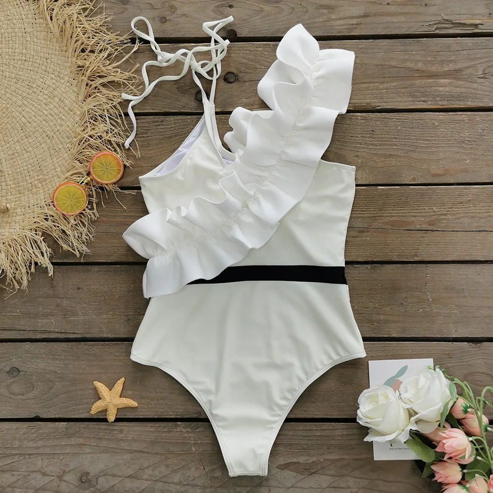 Women's Ruffled Straps Backless Bikini 2023 New Sexy Swimsuit White One-piece Swimwear Summer Beach Wear Bandage Biquini Bathing