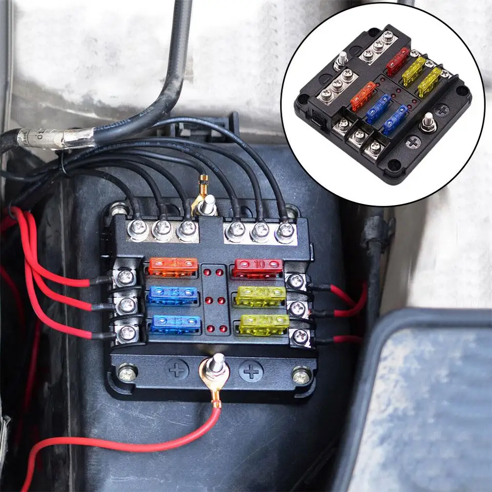 Porta Fusibili 12 Volt A 6 Vie Per 12V/24V, Portafusibili 12V Con 12 Fusibili ATC/ATO, Senza Indicatore LED, Connessione Positiva E Negativa, Per - Foto 7