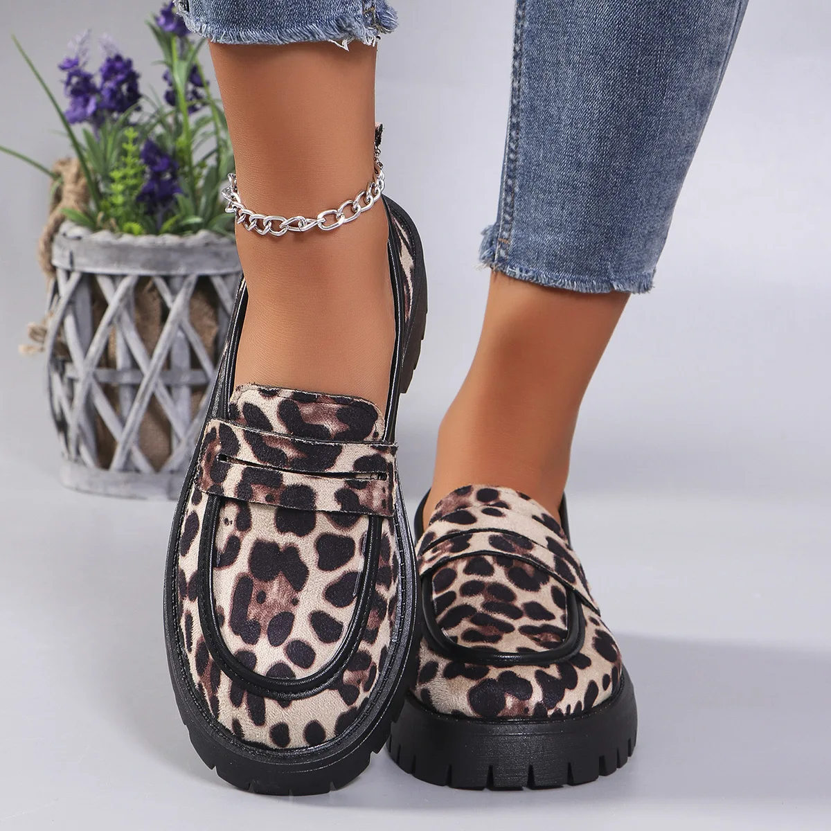 Women's Fashion Leopard Patchwork Slip-on Loafers Chunky Heel Platform Flats 2024 New Moccasins Casual Shoes Plus Size Zapatos 2