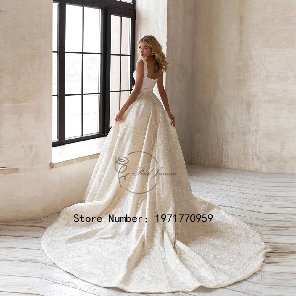 Customized Glitter Square Collar Sleeveless Wedding Dresses Empire Stretch Satin Prom Gowns Zipper Back New Sweep Train Vestido 2