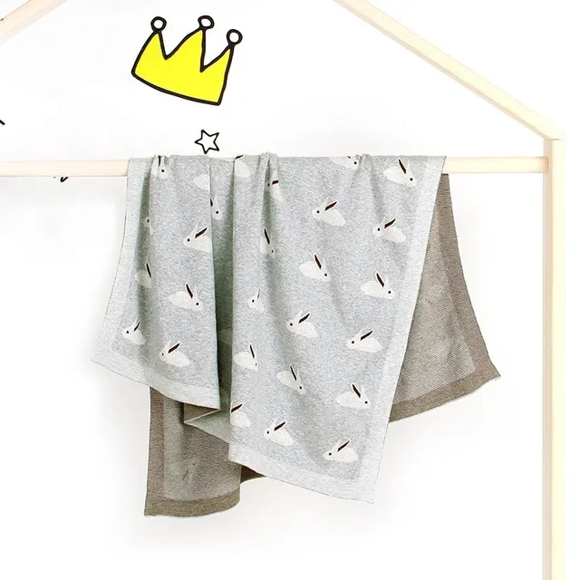Cute Rabbit Print Knitted Baby Blanket 100*80cm Multi Use Soft Swaddle Wrap Stroller Cover or Play Mat for Newborns 2