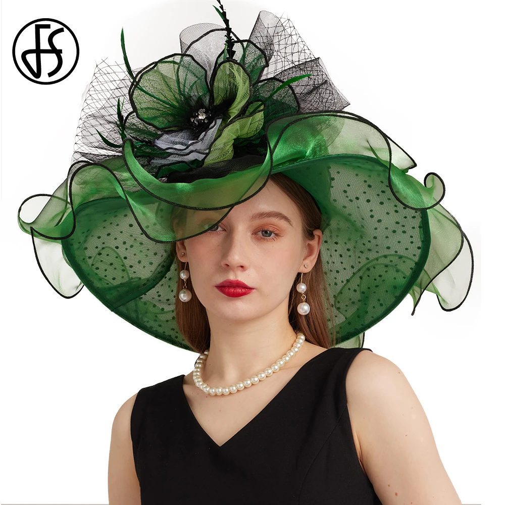 

FS Elegant Fascinator Wedding Bride Caps Wide Brim Kentucky Derby Hats For Women Green Organza Church Hat Summer Tea Party Cap