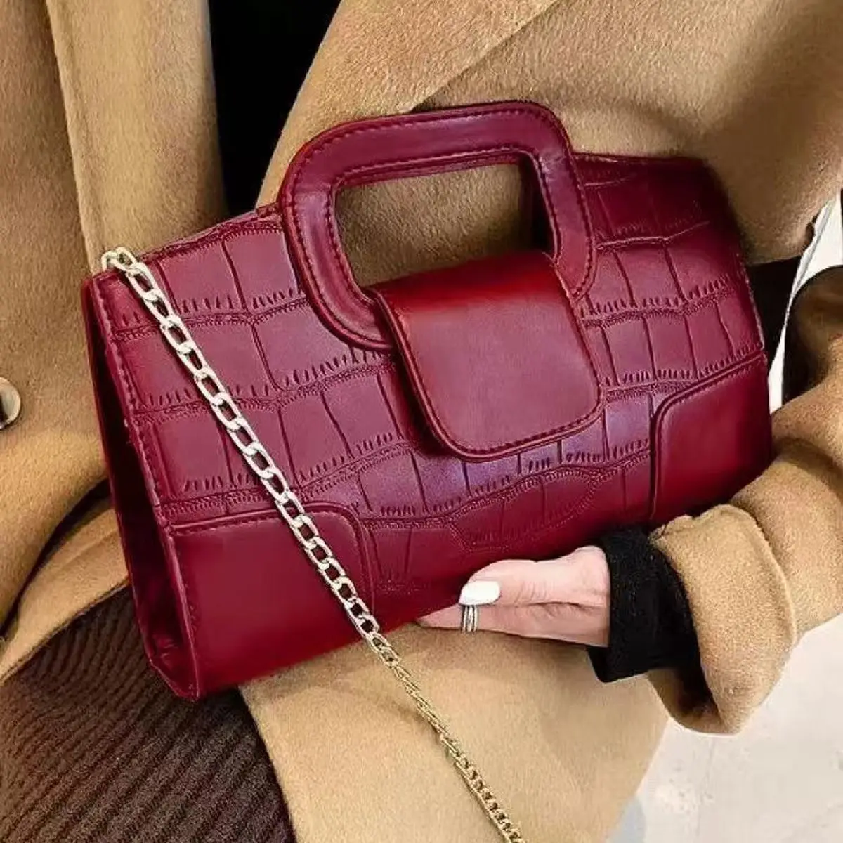 Retro Solid Color Chain Handbag Women Crocodile Texture Leather Large Capacity Shoulder Bags Ladies Fashion Casual Crossbody Bag
