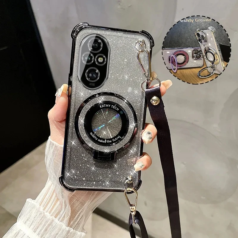 Crossbody Lanyard Glitter Plating Shockproof Phone Case with MagSafe Holder