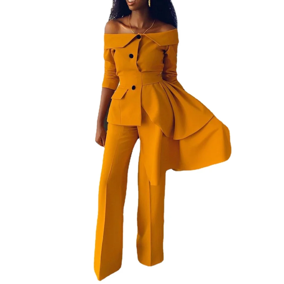 New Spring Autumn Winter Pants Suits White Yellow Chic Off Shoulder Blazer + Pant Work Women Set Fashion Blazers Suit Streetwear