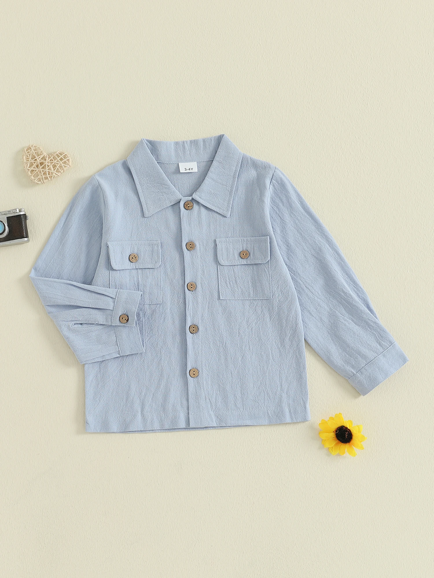 قمصان للأولاد الصغار من عمر 2 إلى 7 سنوات بلون سادة وأكمام طويلة وأزرار سفلية وطية صدر السترة للأطفال الصغار ملابس ربيع الخريف