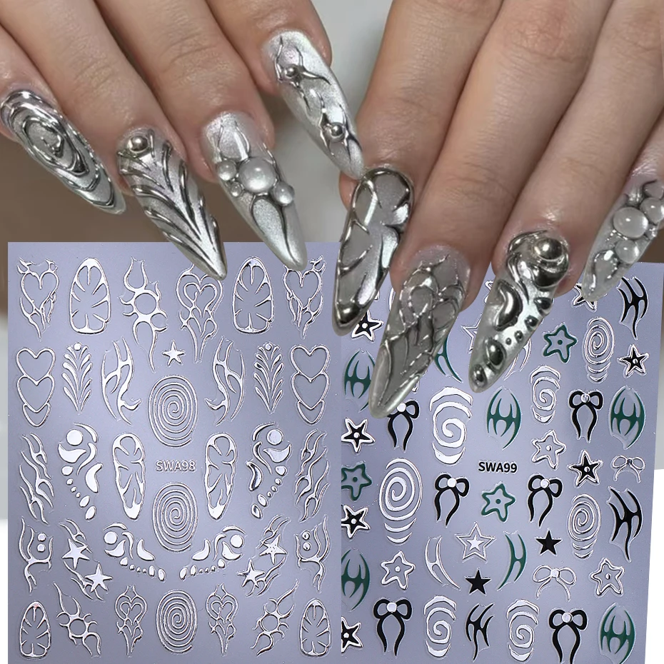 2pcs Metallic Silver Line Nail Art Sticker 3D Flame Line Bow Swirls Star Y2K Tatton Slider Decals DIY Holographic Manicure Decor