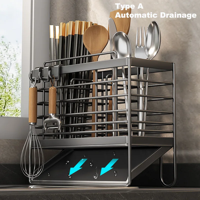 Cutlery Organizer Kitchen Storage Rack Wall Mounted Knife, Fork, Spoon Chopstick Rack with Drainage Tray Kitchen Utensil Cage 2