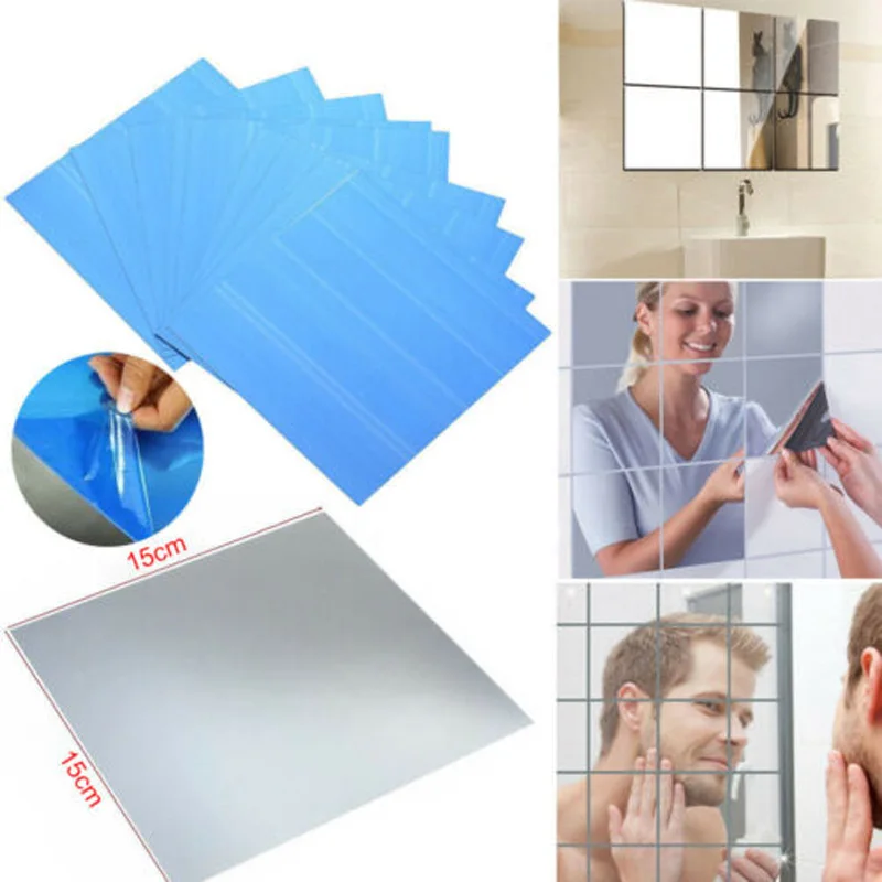 Description Picture 6 of item16Pcs 15CM Square Mirror Wall Sticker Square Self-adhesive Acrylic Mirror Tiles Stickers For Bedroom Bathroom Home Decor