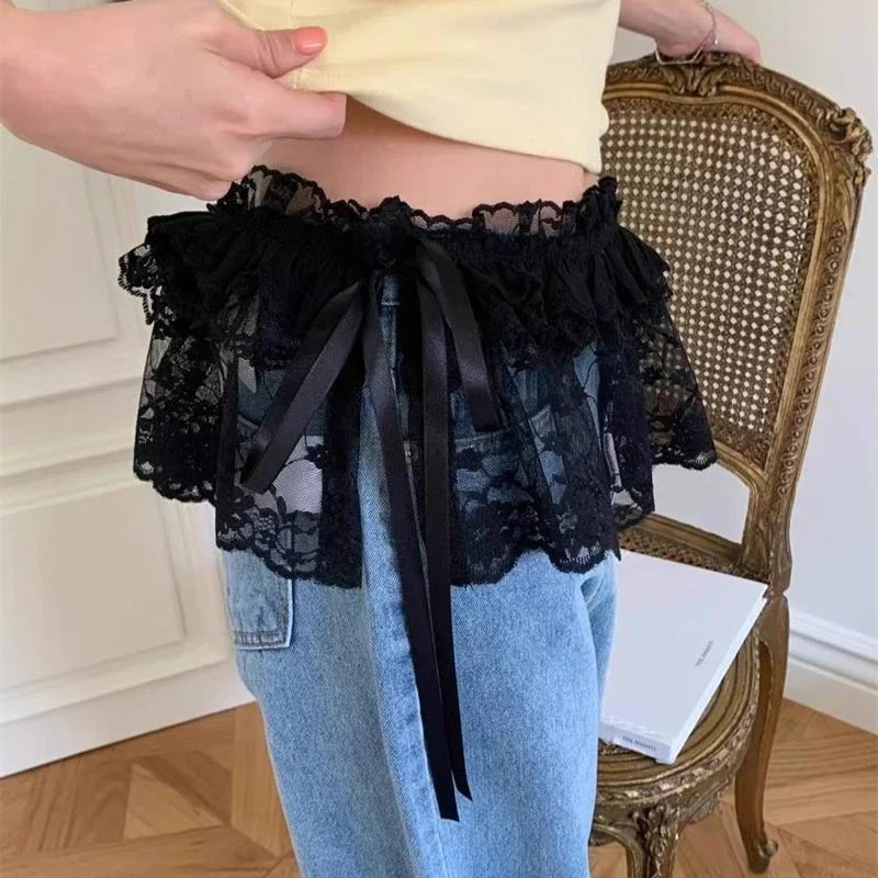 Deeptown Korean Style Lace Mini Skirts Women Elegant Sweet Lolita Short Skirts Cute High Waist Y2k Streetwear Black Ruffle Skirt 5