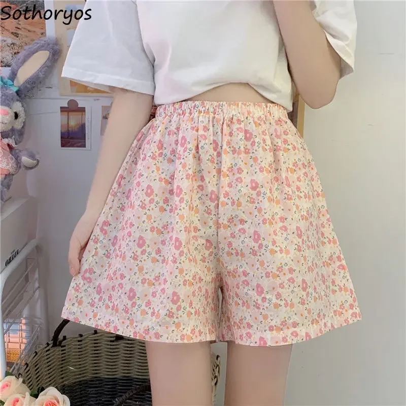 

Sleep Bottoms Women Printed Loose Wide Leg Pajama Shorts Sleepwear Home Lounge Elastic Waist Summer Daily Nightwear Korean Thin