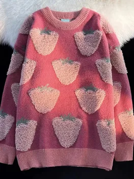 سترة نسائية فضفاضة لخريف وشتاء 2025 بأكمام طويلة بلوفرات وردية محبوكة للسيدات برقبة دائرية سترة دافئة ملابس نسائية 4