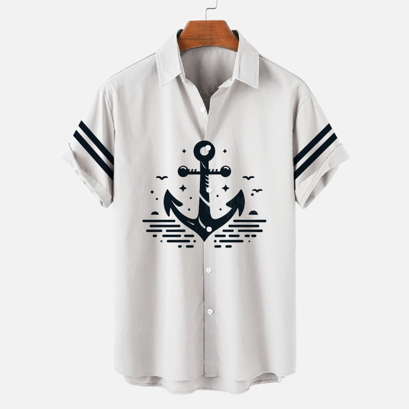Simple Men's Shirt 3d Ship Anchor Striped Print Short Sleeved Shirt Beach Casual Hawaiian For Men Loose Oversized Tops