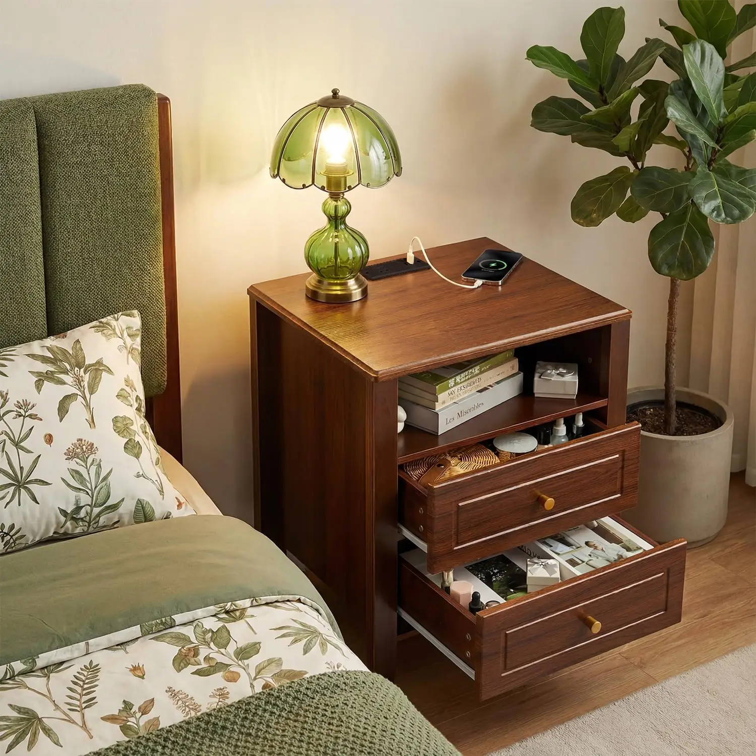 Nightstand with Charging Station 2 Drawers and Open Shelf Modern Bedside Table End Table with USB Type C Port AC Outlet Farmhouse Storage Cabinet for Bedroom Living Room Dorm Black 8