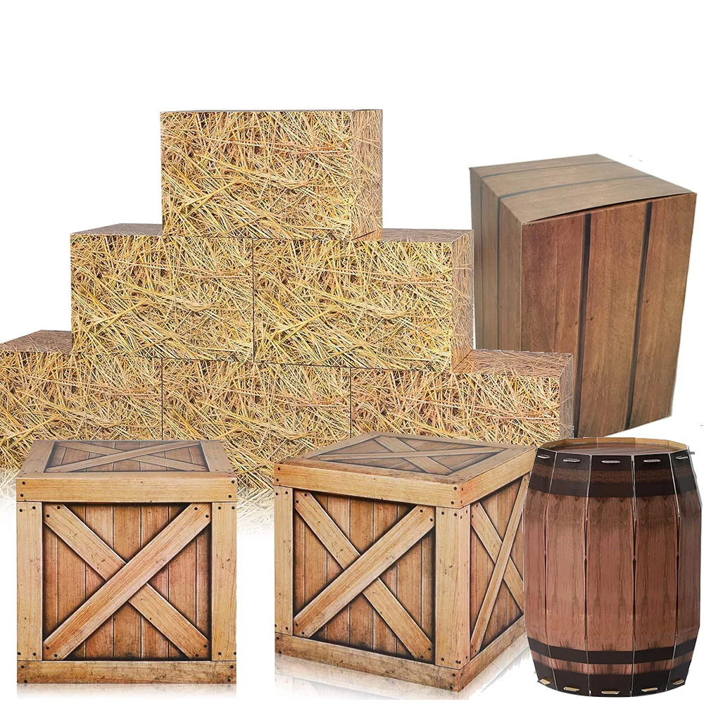 Western Cowboy Party Hay Bales Paper Boxes Decor Wood Grain Wine Barrel Box Hay Photo Booth Prop Farmhouse Cowboy Party Supplies