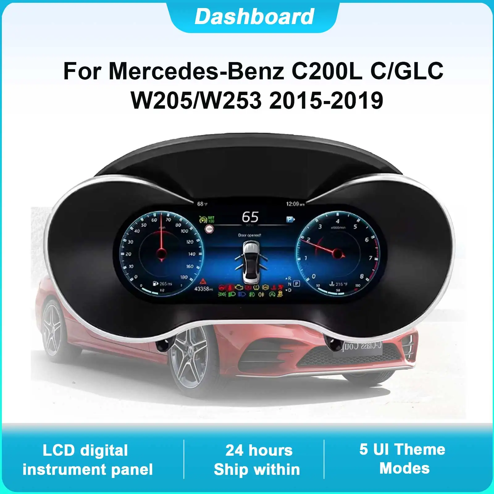 Digital Instrument Cluster For Mercedes-Benz C200L C/GLC W205/W253 2015-2019 Speedometer 12.3”HD screen Plug and Play