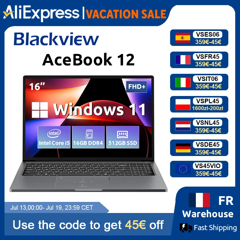 Blackview AceBook 12 Win 11 Laptop 16'' FHD IPS , Intel I5-1030NG7 Notebook, 16GB RAM 512GB SSD, 2-in-1 Fingerprint Power Button