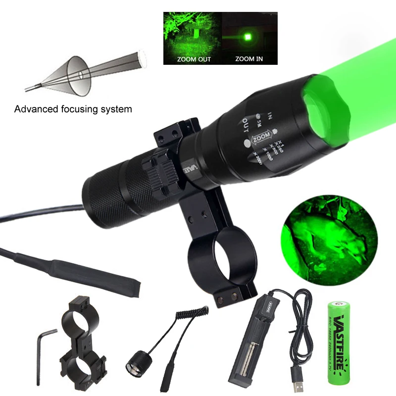 Description Picture 4 of item350yards LED Tactical Flashlight Hunting Light Zoomable Focus Adjustable Torch+Rifle Scope Mount+Switch+18650+Charger+Case
