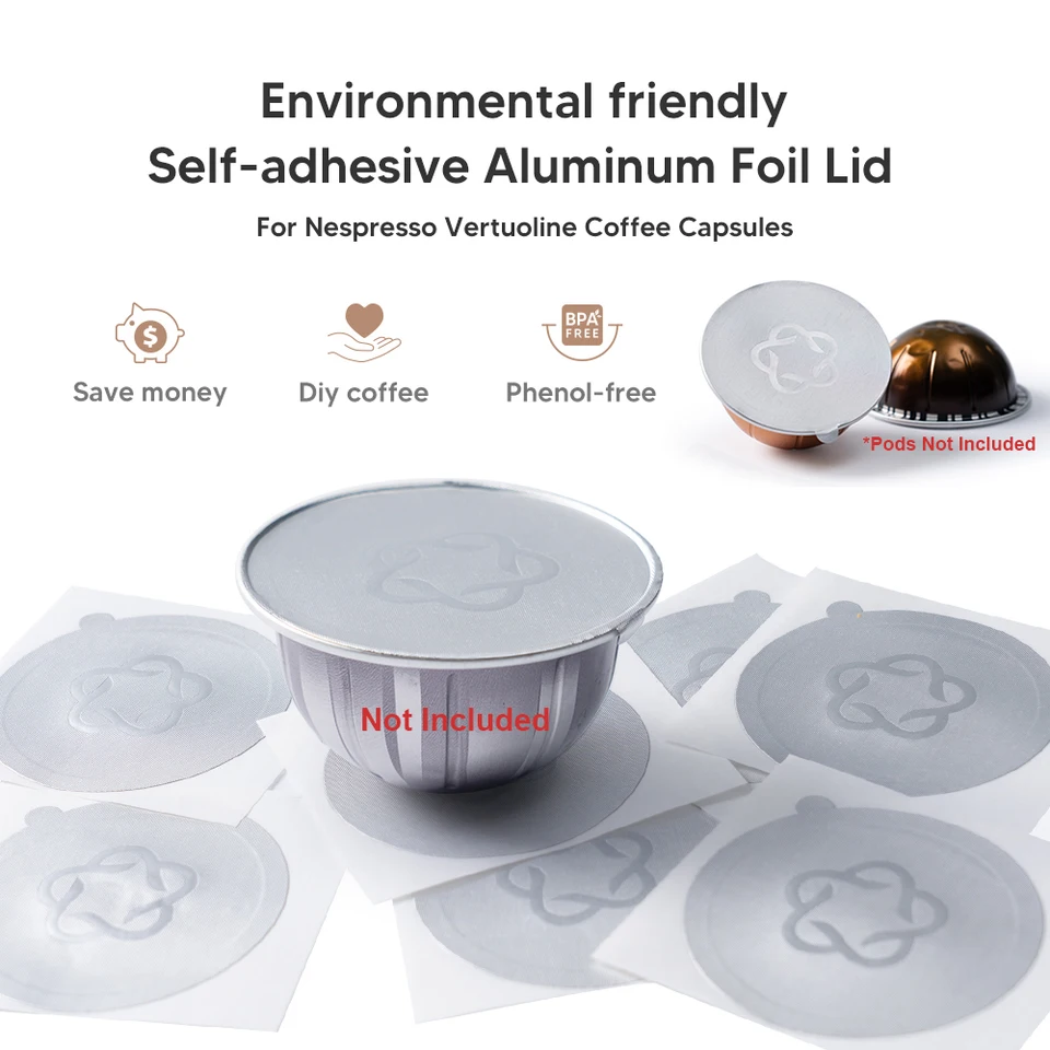 Aluminiumfolie versiegelt Deckel für nachfüllbare Nespresso-Kapseln, Vertuo, VertuoLine, Vertuo Plus, Vertuo Next, Evoluo und Delonghi ENV wiederverwendbare Kapselbecher – 100 Stück